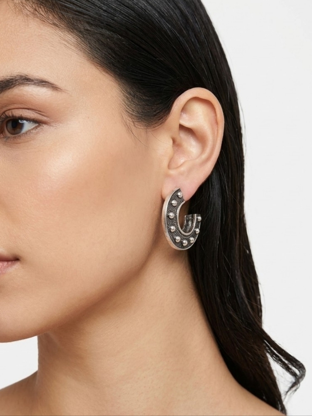 Free People Western Stud Hoop Earrings Silver Textured Statement NWT